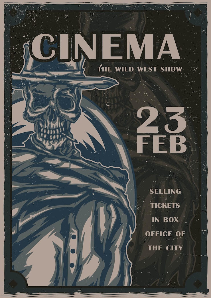 Kostenlose Vektor plakatentwurf mit illustration des skeletts im cowboyhut