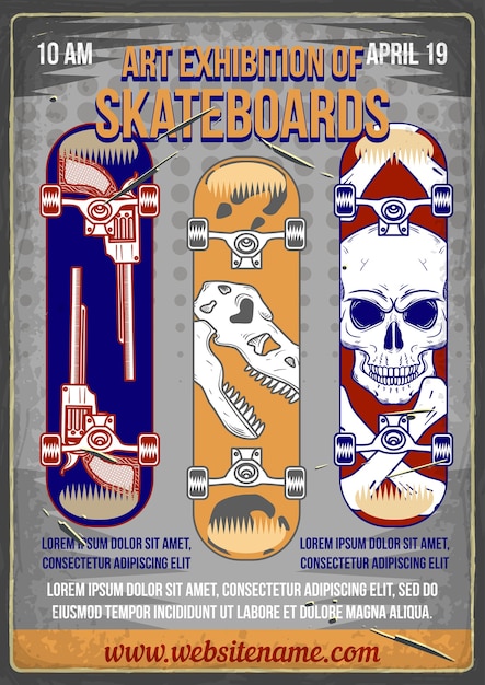 Plakatentwurf mit illustration von skateboards mit verschiedenen drucken darauf.