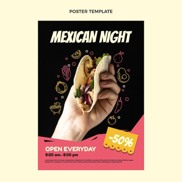 Kostenloser Vektor plakatschablone für mexikanisches essen im flachen design