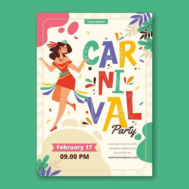Plakatvorlage für flache karnevalsfeiern