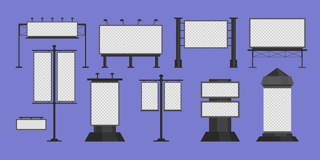 Kostenloser Vektor plakatwerbung transparenter satz isolierter symbole mit pfosten und ständen mit leerem platz für anzeigenvektorillustration