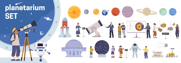 Planetarium flacher satz isolierter planetensymbole mit menschlichen charakteren, raumanzügen, teleskopen, raketen und textvektorillustration