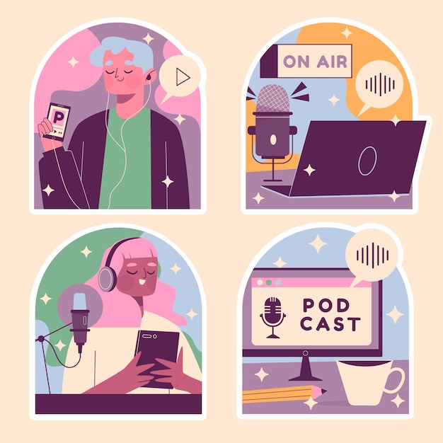 Kostenloser Vektor podcast-sticker-set im naiven stil