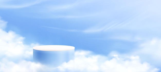 Kostenloser Vektor podium mit verträumtem wolkenhimmelhintergrund mit himmlischer landschaft, blauem himmel, weißen wolken und runder sockelvektorillustration