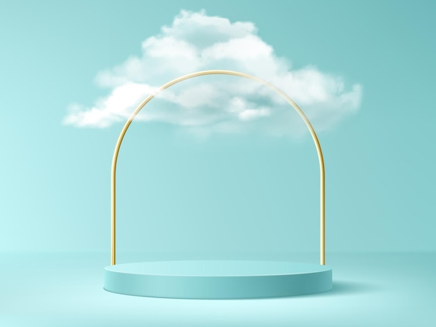 Podium mit Wolken und Goldbogen, abstrakter Hintergrund mit leerer zylindrischer Bühne für Preisverleihung