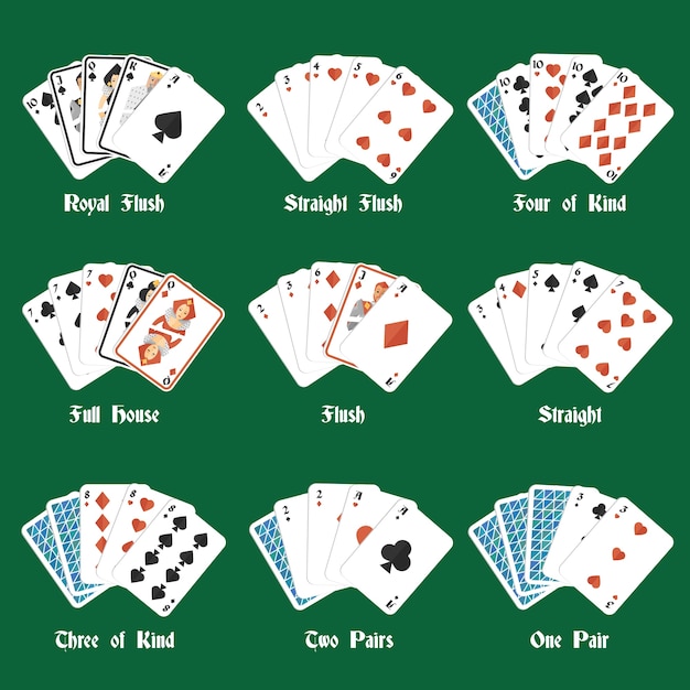 Kostenloser Vektor poker hände gesetzt mit royal flush vier der art volles haus isoliert vektor-illustration