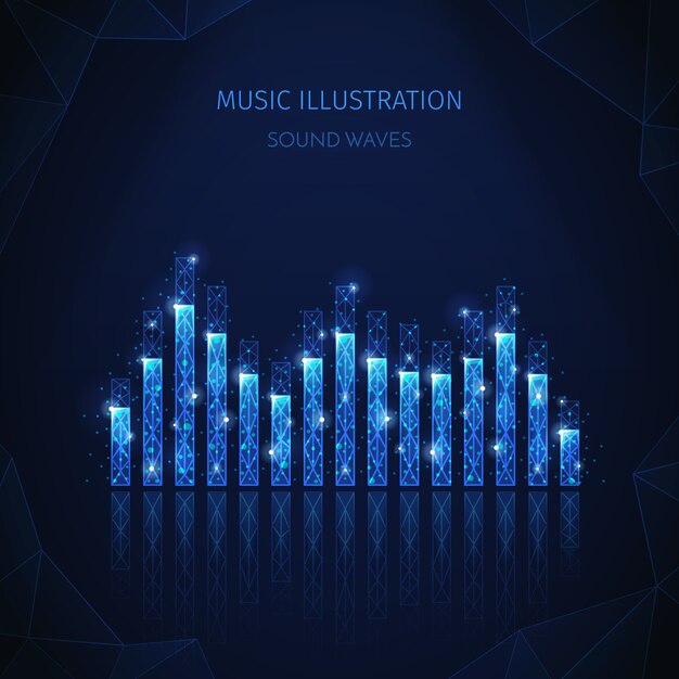 Polygonale Drahtgitterkomposition für Musikmedien mit bearbeitbarem Text und Bild von Equalizer-Streifen mit leuchtenden Partikeln