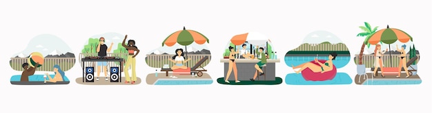 Pool-party-set von vektor-illustration. sommerurlaub am pool. glückliche menschen schwimmen im schwimmbad, trinken und tanzen. poolparty mit dj