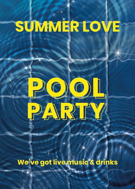 Poolparty-plakatschablone, vektorwasserhintergrund, sommerliebestext