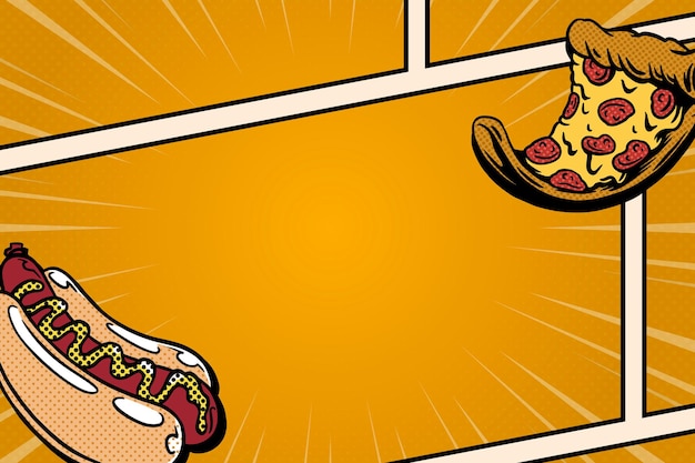 Kostenloser Vektor pop-art-hotdog- und pizza-comic-strip-vorlage