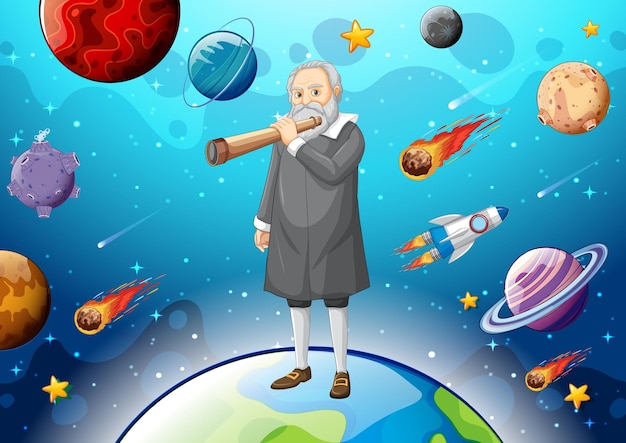 Porträt von galileo galilei im cartoon-stil