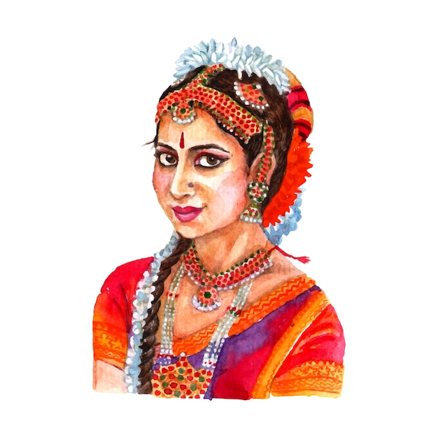 Portrait der schönen indischen Dame in der traditionellen Frauenkleider- und -haaranordnung