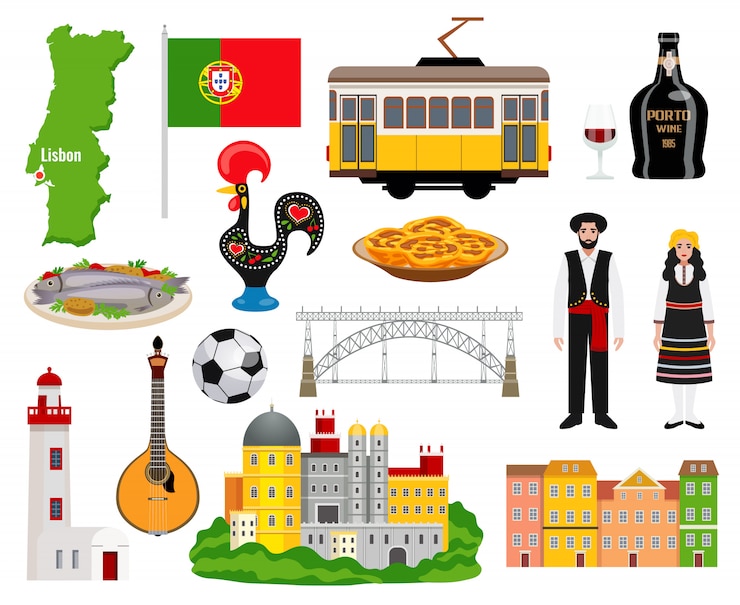 Kostenlose Vektor portugal tourismus ikonen eingestellt mit küche und kartensymbolen flache isolierte vektorillustration