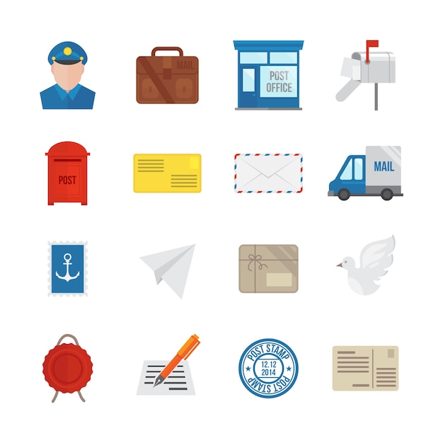 Kostenloser Vektor post service icon flat set mit lieferung kurier umschlag und paketpakete isoliert vektor-illustration