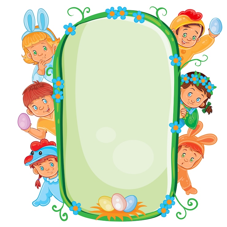 Kostenlose Vektor poster mit kleinen kindern in ostern kostüme