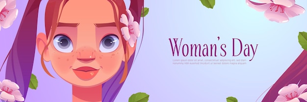 Poster zum Frauentag mit hübschem Mädchen und Blumen