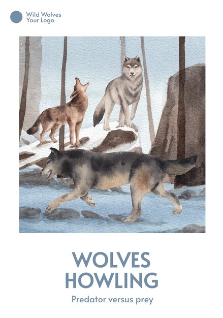 Kostenloser Vektor postervorlagen mit wolf im winter im aquarellstil