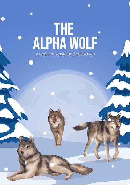 Kostenloser Vektor postervorlagen mit wolf im winter im aquarellstil