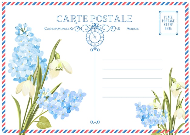 Postkarte mit Briefmarken und Blumen. Vektorillustration.