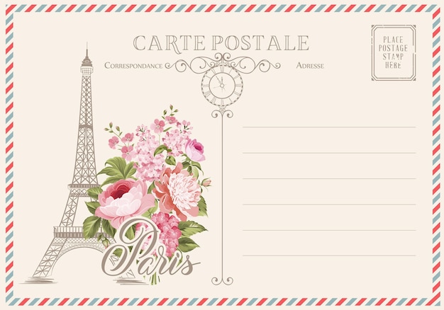 Postkarte mit Briefmarken und Blumen.