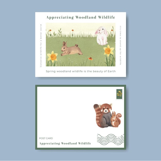 Postkartenvorlage mit frühlingswald-tierwelt-konzept, aquarell-stil