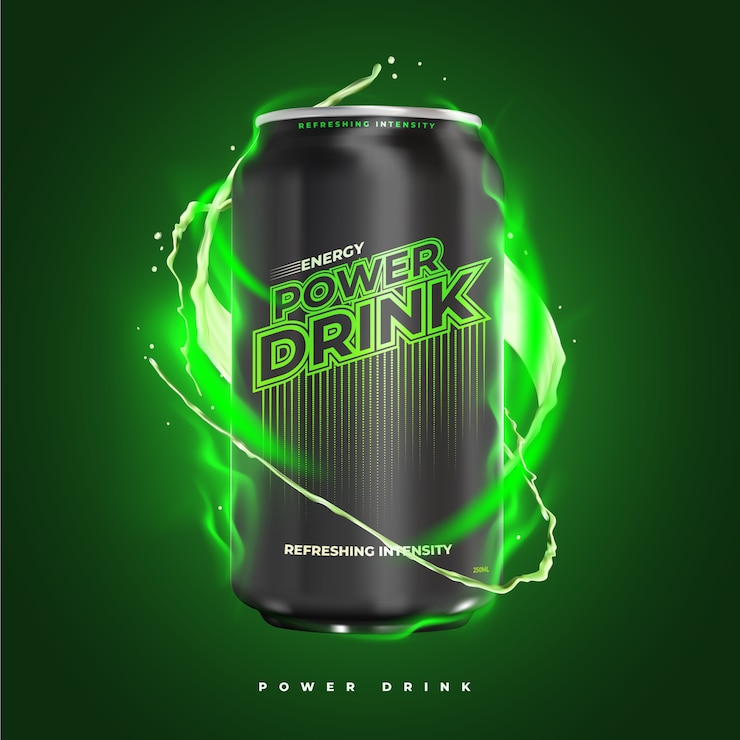 Kostenlose Vektor power und erfrischende energy-drink-produktanzeige
