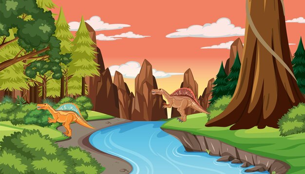 Prähistorischer Wald mit Dinosaurier-Cartoon