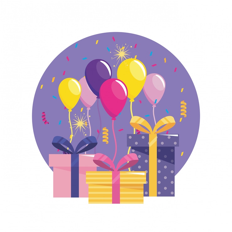 Kostenlose Vektor präsentiert geschenke mit luftballons und konfetti dekoration
