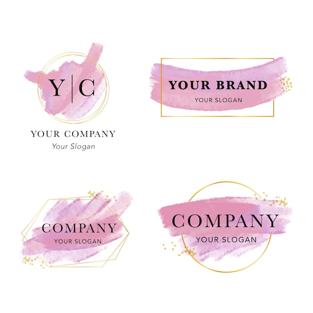 Kostenloser Vektor printwatercolor splash-logo-branding feminine luxus-logo-gold-design-vorlage abzeichen pink-gold-pinsel-set