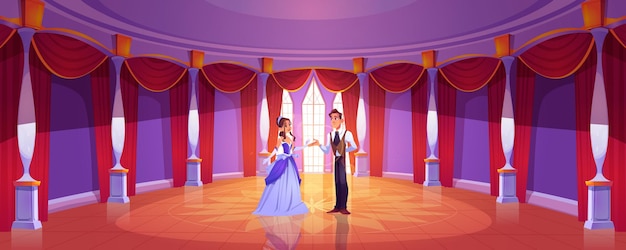 Prinz und prinzessin im ballsaal des königlichen schlosses. cartoon-hintergrund mit paar im runden tanzsaal im barockpalast mit säulen, hohen fenstern und roten vorhängen.