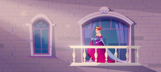 Prinzessin im rosafarbenen kleid auf dem palastbalkon