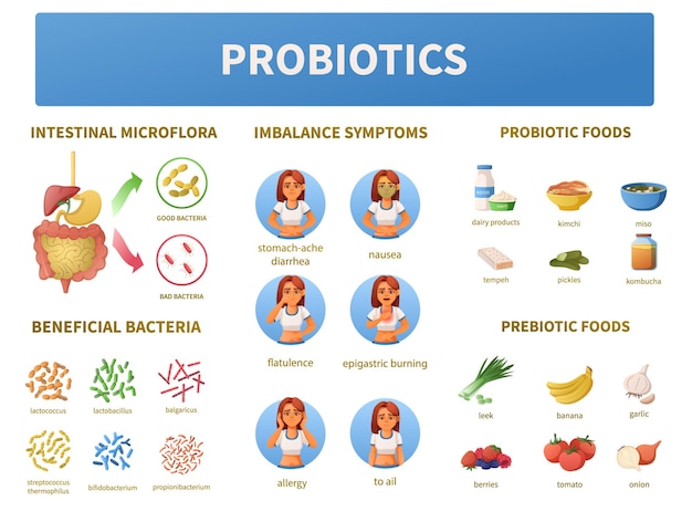 Kostenloser Vektor probiotika-infografik-cartoon-set mit isolierten darmmikroflora- und bakteriensymbolen mit lebensmittelbildern und personenvektorillustration