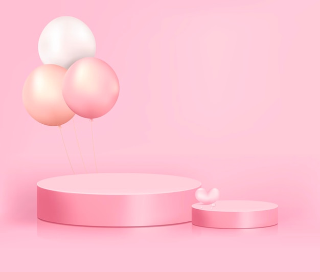 Produktpräsentationspodium mit Perlenballon auf rosa Hintergrund, 3D-Rendering-Podium. Vektor Rosa Vergangenheit