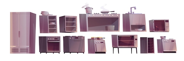 Professionelle ausstattung der restaurantküche. inneneinrichtung einer großküche mit möbeln und geräten zum kochen von lebensmitteln, kühlschrank, backofen, mikrowelle, spüle und tellern auf dem tisch, vektor-cartoon-set