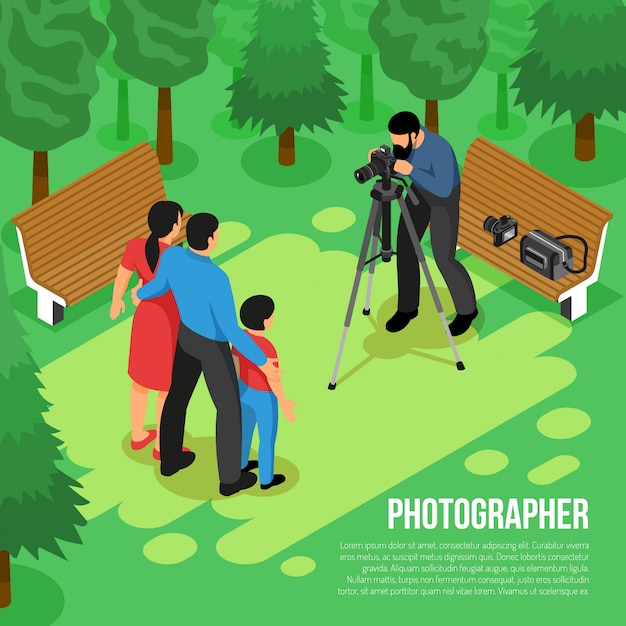 Professionelle fotograf familie schießen outdoor-sitzung mit kamera auf stativ isometrische zusammensetzung in sommer park vektor-illustration