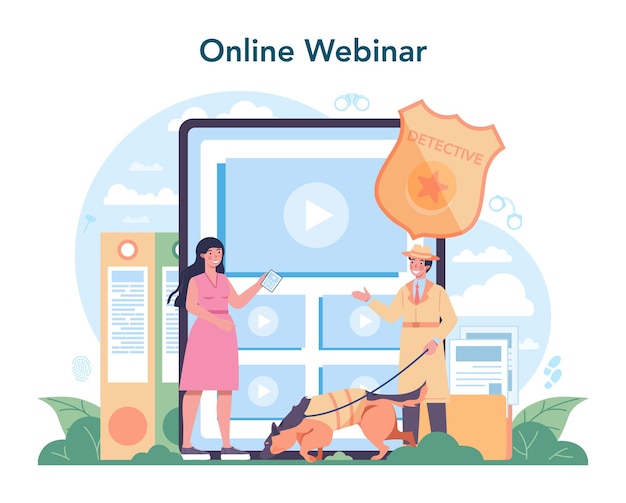 Professioneller detektiv-onlinedienst oder -plattform agent, der den ort des verbrechens untersucht und nach hinweisen sucht person, die kriminalität löst online-webinar vektorillustration