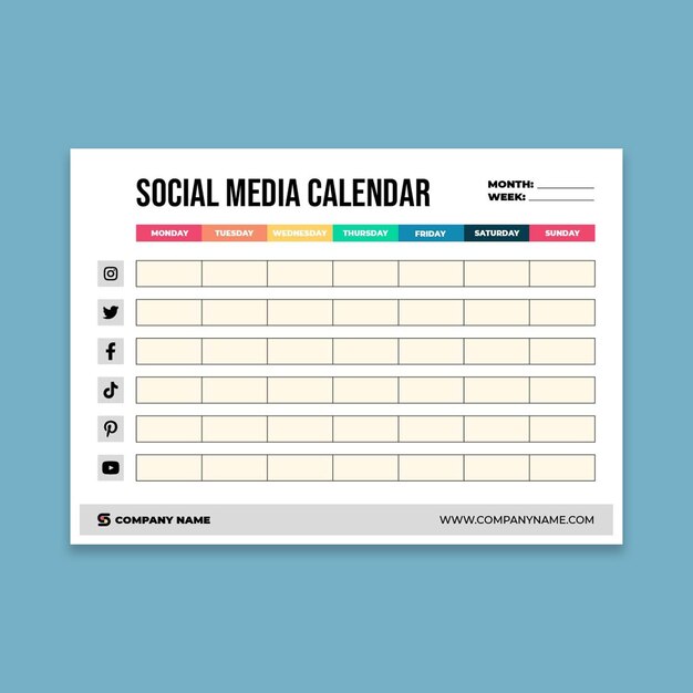 Professioneller, farbenfroher Social-Media-Wochenkalender