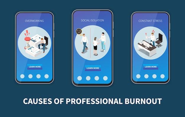 Professionelles isometrisches set des burnout-syndroms mit mobilen app-vorlagen zur stresskontrolle isolierte vektorillustration