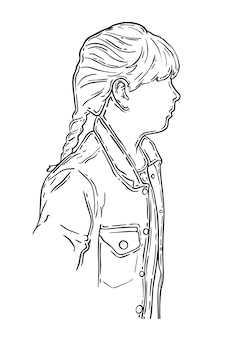 Profilporträt eines mädchens mit einer stirn und einem geflochtenen haarzopf in einer jacke mit einer doodle-tasche linear