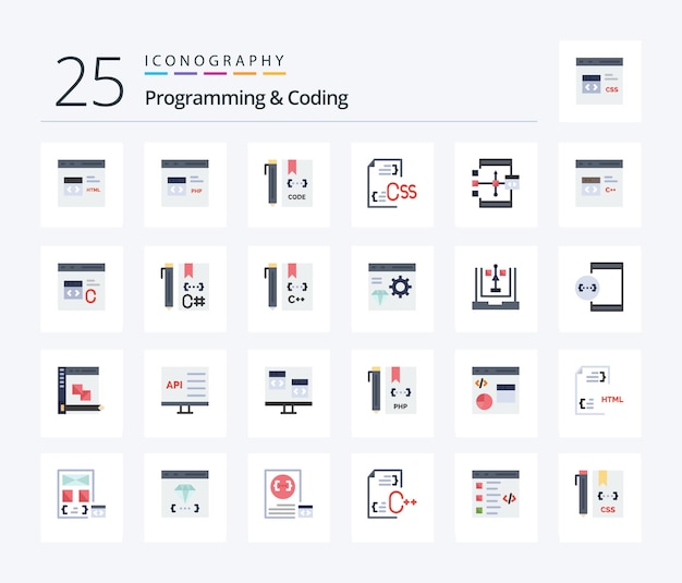 Programmieren und Codieren 25 Flachfarben-Icon-Paket einschließlich der Entwicklungsdatei zur Entwicklung der Codierung
