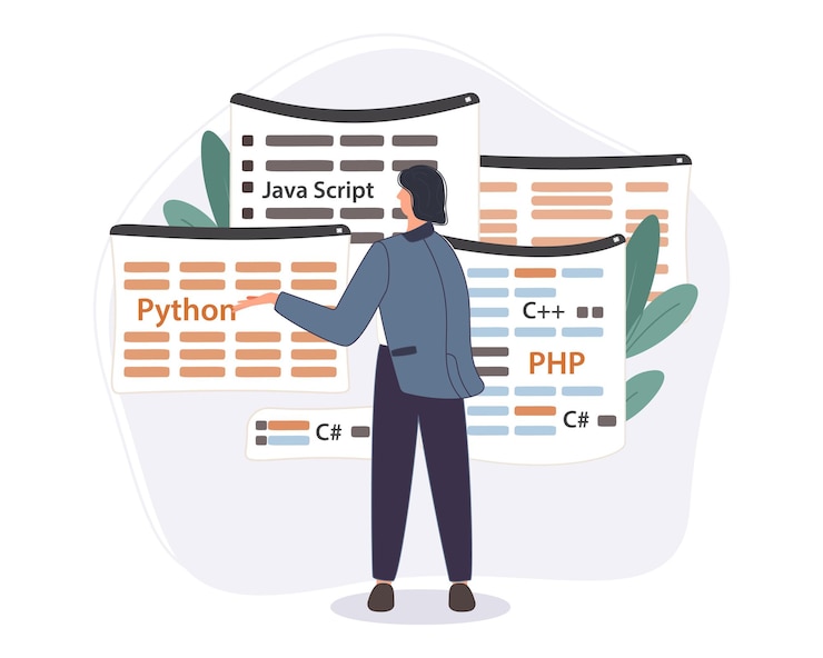 Kostenlose Vektor programmierer, der an webentwicklungscode arbeitet. ingenieurprogrammierung in python, php und java-skript auf dem computer.