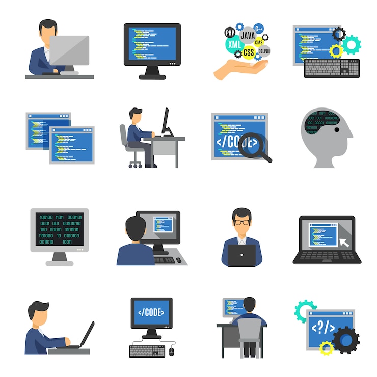Kostenlose Vektor programmierer icons flat set
