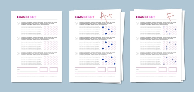 Kostenloser Vektor prüfungsblätter vorlage 3 realistische testseiten stapeln sich mit multiple-choice-antworten