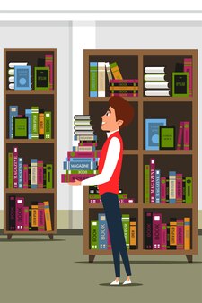 Prüfungsvorbereitung illustration smart college student mit lehrbüchern zeichentrickfigur bildung lächelnder teenager, der bücher hält junge studiert in der bibliothek wissensgewinn