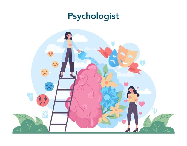 Psychologe-Konzept Diagnose der psychischen Gesundheit Arzt, der den menschlichen Geist behandelt Psychologische Tests und Hilfe Analyse von Gedanken und Emotionen Vektorgrafik im Cartoon-Stil