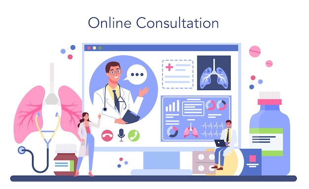 Kostenloser Vektor pulmonologe online-service oder plattform idee der gesundheit und medizinischen behandlung gesundes lungensystem online-beratung isolierte vektordarstellung