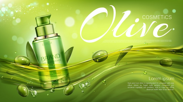 Pumpflasche für olivenkosmetik, natürliches schönheitsprodukt, öko-kosmetiktube, die mit beeren und blättern schwimmt. befeuchten sie promo-banner-vorlage