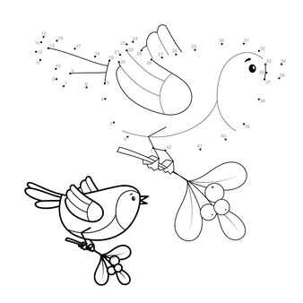 Punkt zu punkt weihnachtspuzzle für kinder. verbinden sie punkte-spiel. vogel-vektor-illustration