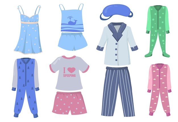 Kostenloser Vektor pyjama für kinder und erwachsene eingestellt. hemden und hosen oder shorts, nachtwäsche, schlafanzüge lokalisiert auf weißem hintergrund. vektorillustration für schlafenszeit, schlafen, kleidungskonzept
