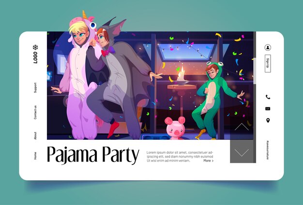 Pyjama-Party-Banner mit Menschen in Kigurumi